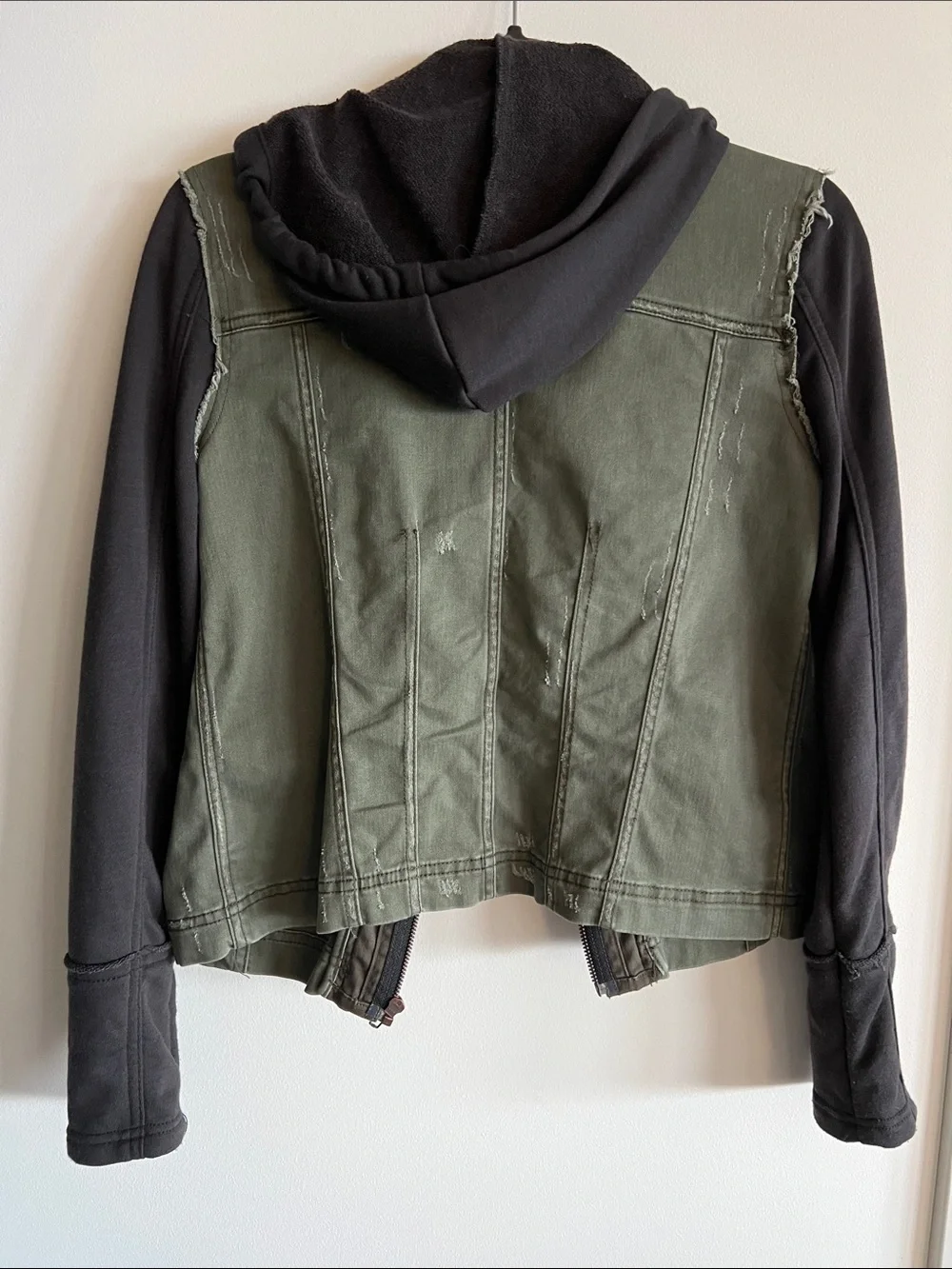 Free People Olive Green Moto Jacket with Black Hoodie and Sleeves